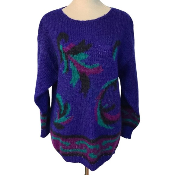 Cambridge Spirit Sweaters - Cambridge Spirit Women L Purple Colorful Wool Blend Abstract 80's Style Pullover
